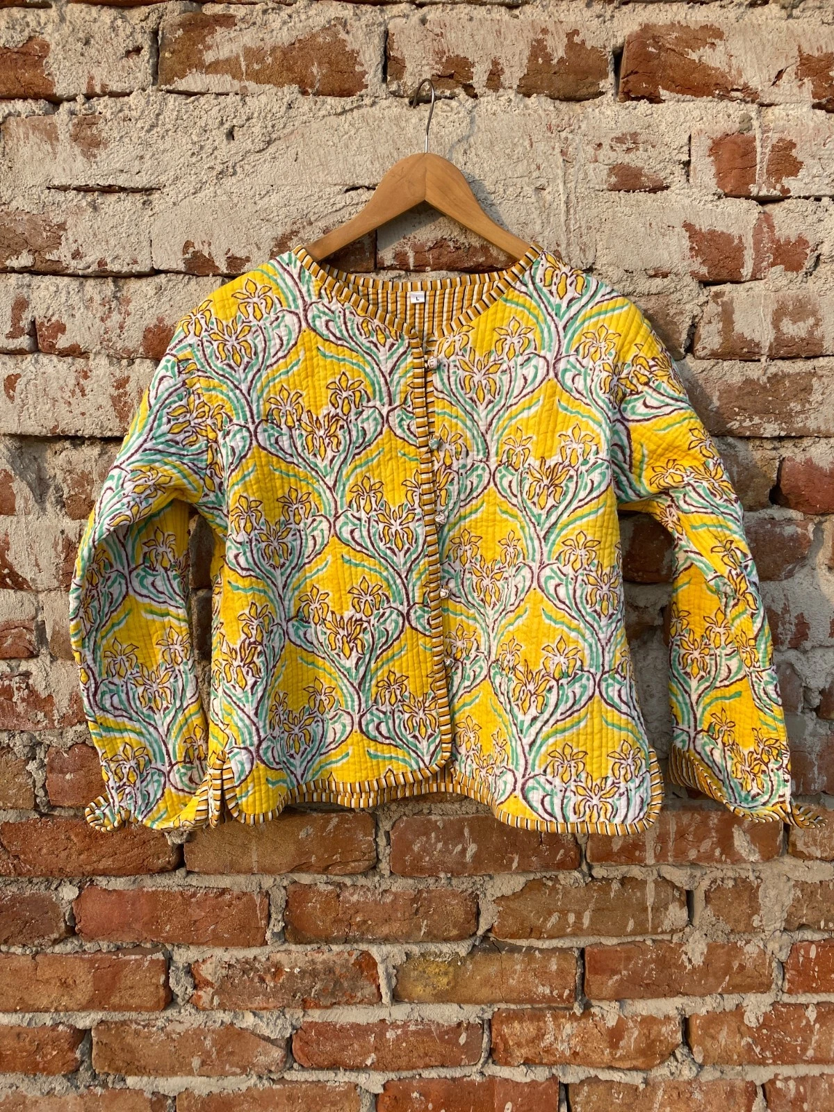 Indian Yellow Floral 100%Cotton Quilted Unisex Jacket Women's Clothing Jacket AU