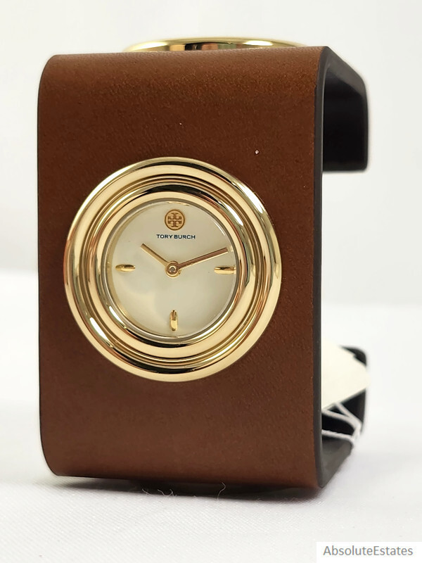 NEW Tory Burch Gold Brown Leather Cuff Bracelet Watch