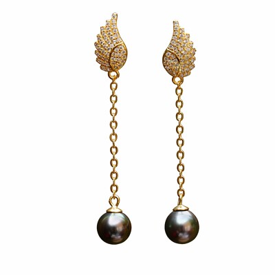 8.5~9mm Peacock Black Tahitian Pearl S925 Silver Angel Wing stud Earring Dangle
