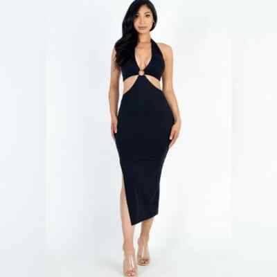 NEW Black Front Cut Out Halter Neck Back Tie Midi Dress Size M | eBay