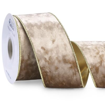 Camel Velvet Wired Ribbon 2.5 Inch Metallic Khaki Gold 10 Yards