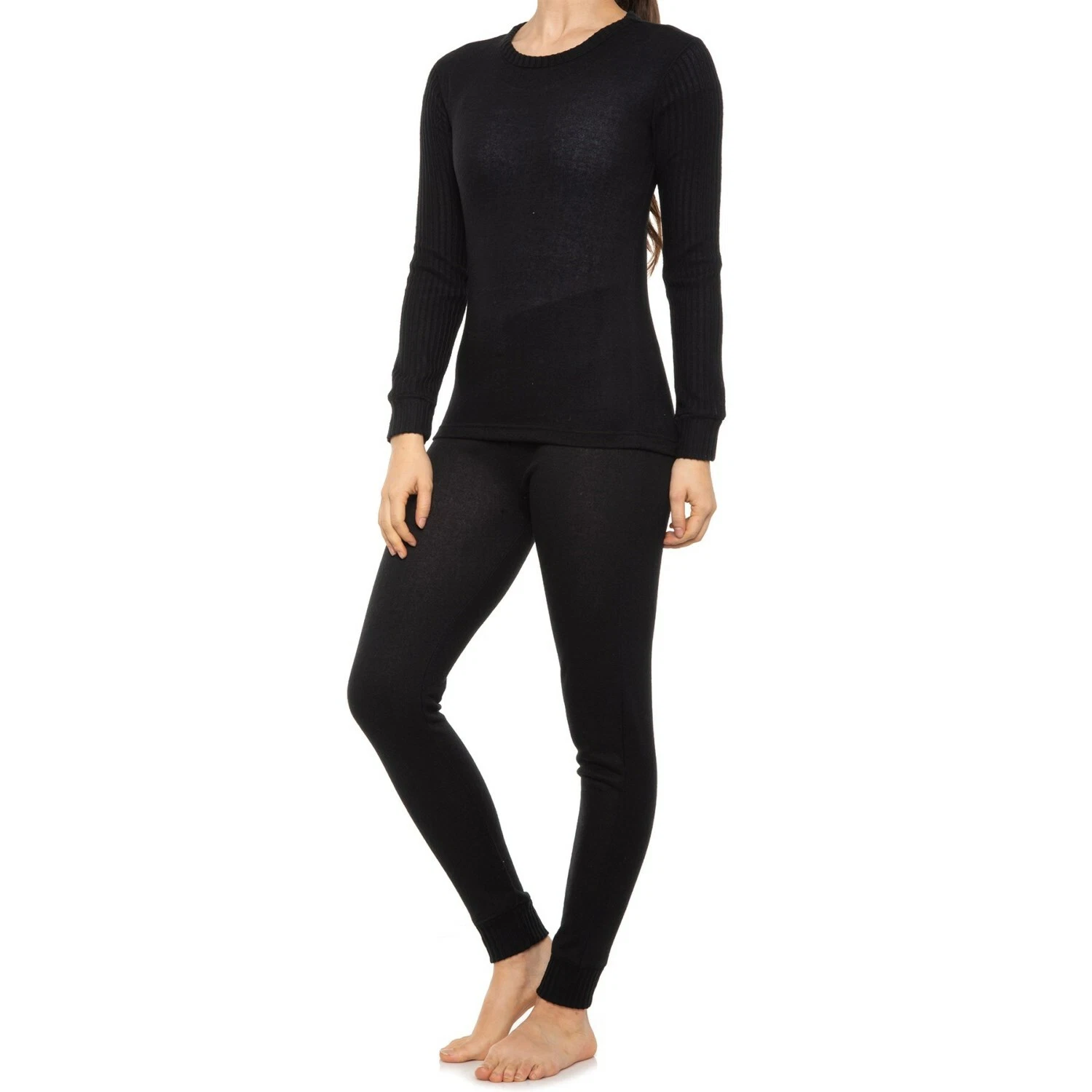 YUMMIE 2 PC Black BASE LAYER SET Leggings Pants & L/S Top SHIRT Womens LARGE NEW
