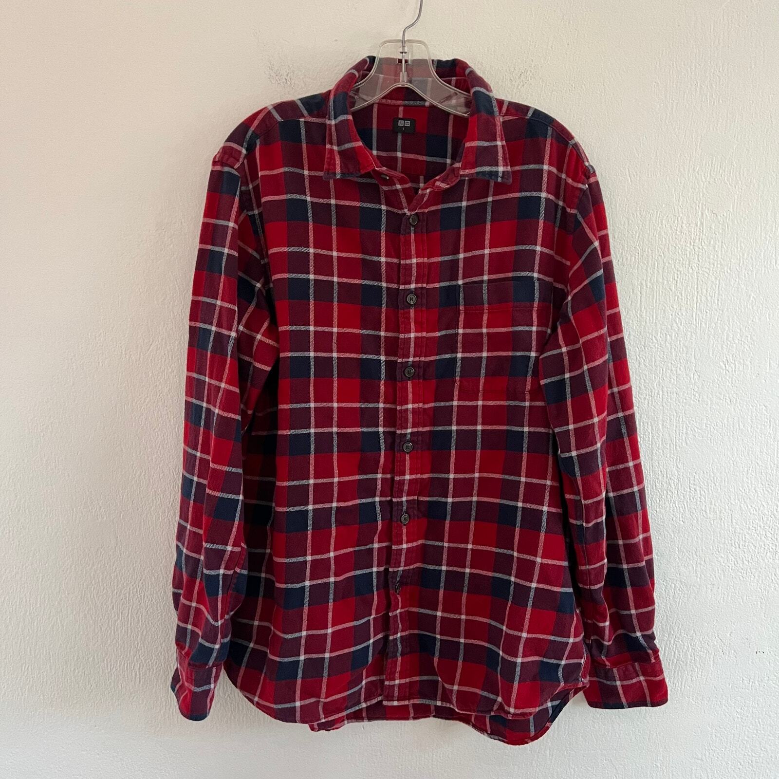 Uniqlo Flannel Shirt Long Sleeve Men's L Cotton Check Pocket Red 90s Grunge-image