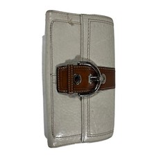 Vintage Coach Soho Buckle Signature Cream Brown Leather Trifold Wallet