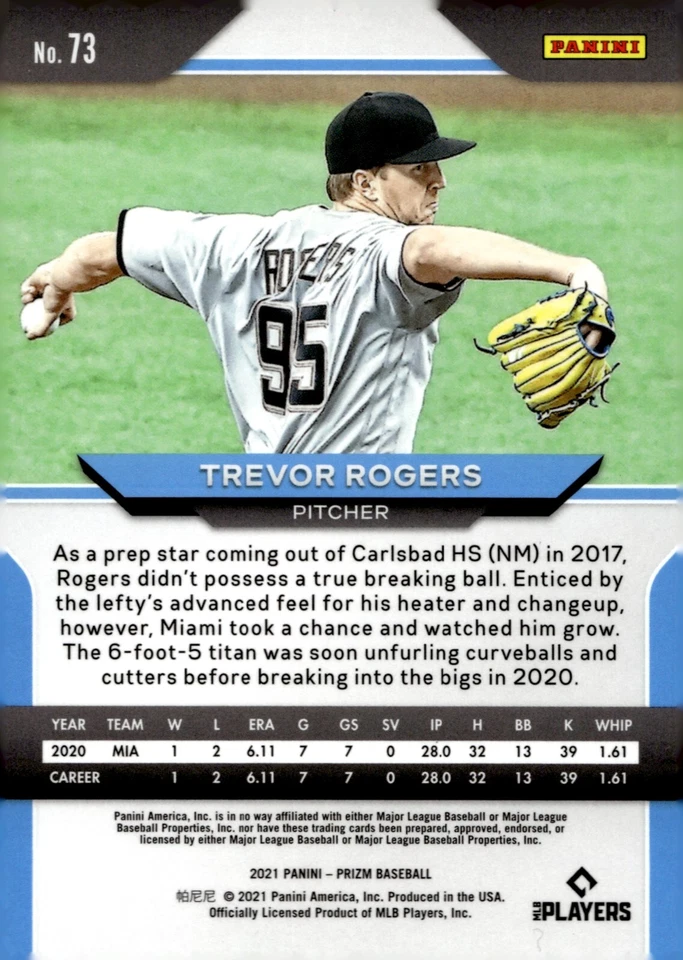 Trevor Rogers - Signed 2021 Panini Prizm Rookie Card #73 - Miami Marlins - Image 2 of 2