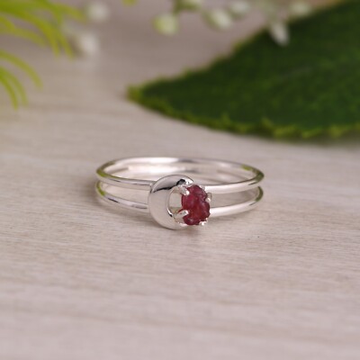 Rough Spinel Ruby Crescent Moon Ring 925 Sterling Silver Healing