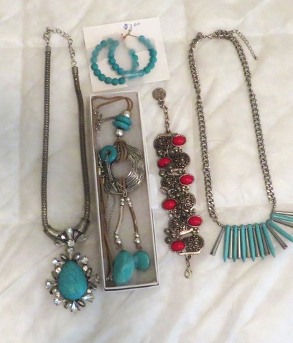 5 pcs. Silver tone and aqua stone jewelry - long Necklace, Bead earrings, 3 more