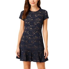 Vince Camuto Dress 6 Navy Blue Floral Lace Sheath Ruffle Hem Elegant Feminine