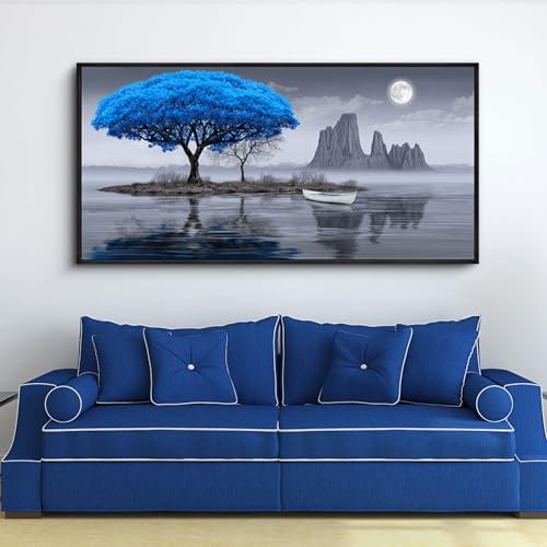 Wall Art for Living Room - Black and White tree Moon Canvas Wall 24x48 Blue - Picture 5 of 7