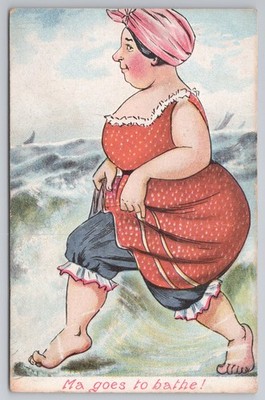 Comic Seaside Ma Goes To Bathe Large Lady Bather 1910s Misch Co