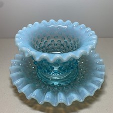 Fenton Aqua Blue Hobnail Opalescent Mayonnaise Set