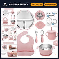 Kids Suction Plates and Bowls Set - Stainless Steel, Non-Slip, Pink - Perfect fo