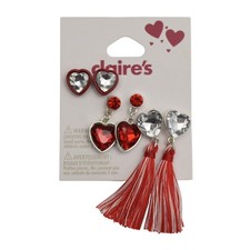 Claires Heart Earring Set of 3 Red Clear Rhinestone Tassel Studs Valentines Love