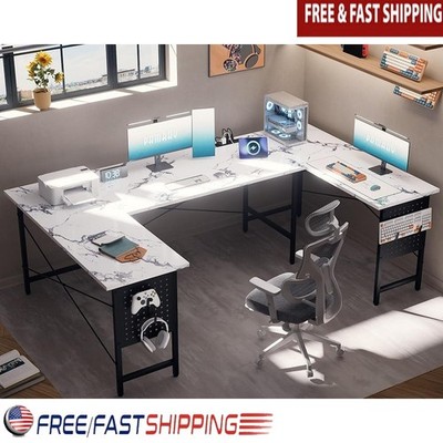 U Shaped Computer Desk W/ USB Charging Ports Power Outlets & Sturdy Structure