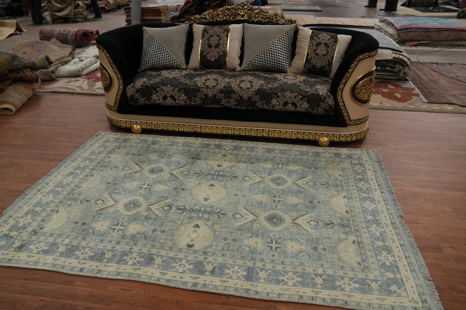 Handmade Light Blue Geometric Oushak Area Rug 6x8 Ft Transitional Silk Carpet - Image 3 of 4