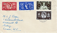 GB Plain FDC: 1953 Coronation Set + Written Address & Ealing Mixed CDS & Slogan