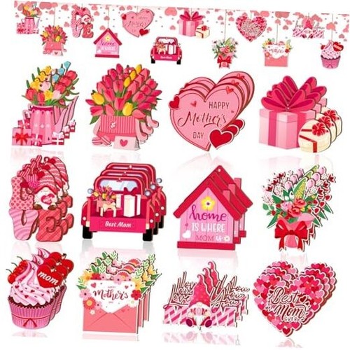 36 Pcs Mother's Day Hanging Ornaments Mothers Day Wooden Tree Ornaments Pink