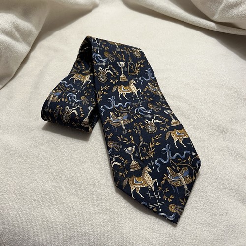 Salvatore Ferragamo Krawatte blau 100% Seide Reitsport Pferd Print