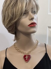 Red Heart Cross Necklace With Gold Plated link Chain Handmade in USA