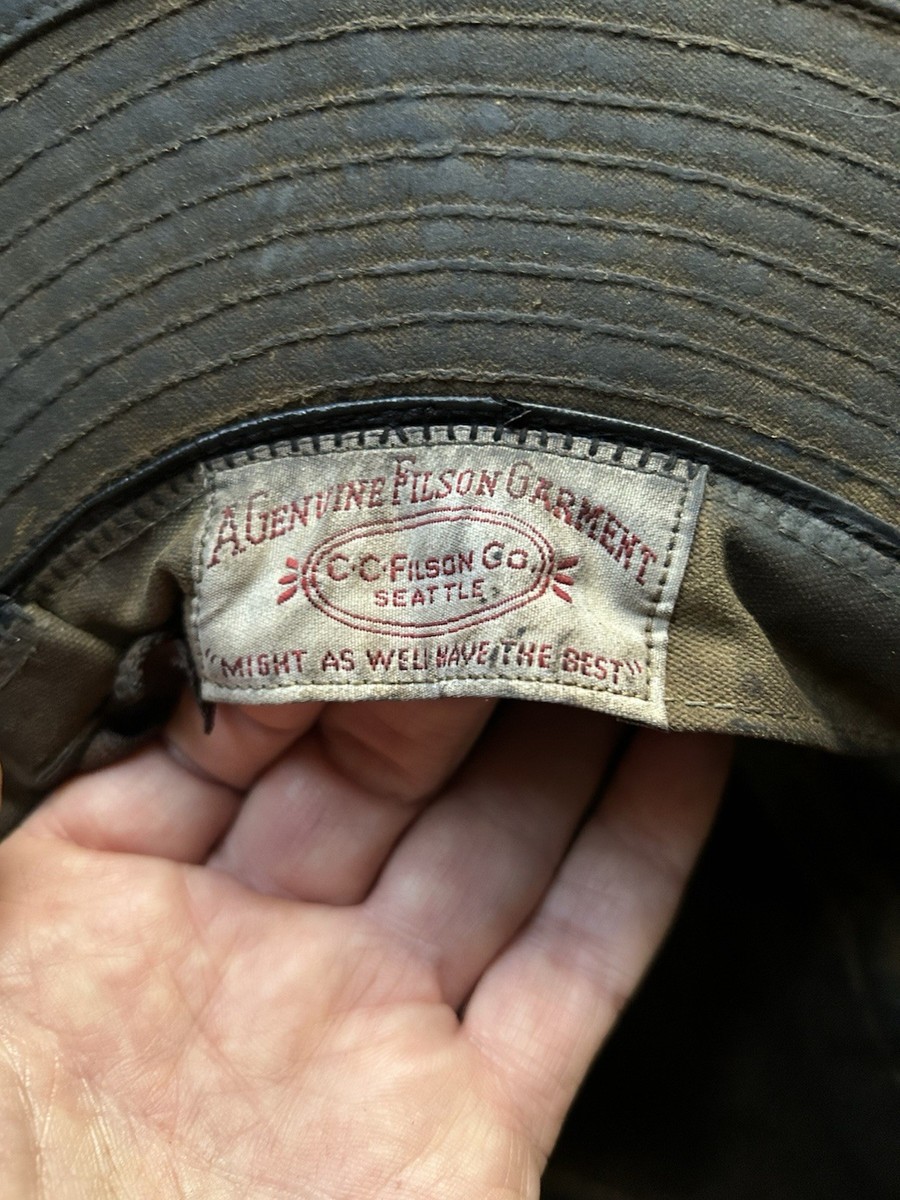 🔥 c.1965 Vintage patina Filson Bush Hat Tin Cloth  Full Brim Medium