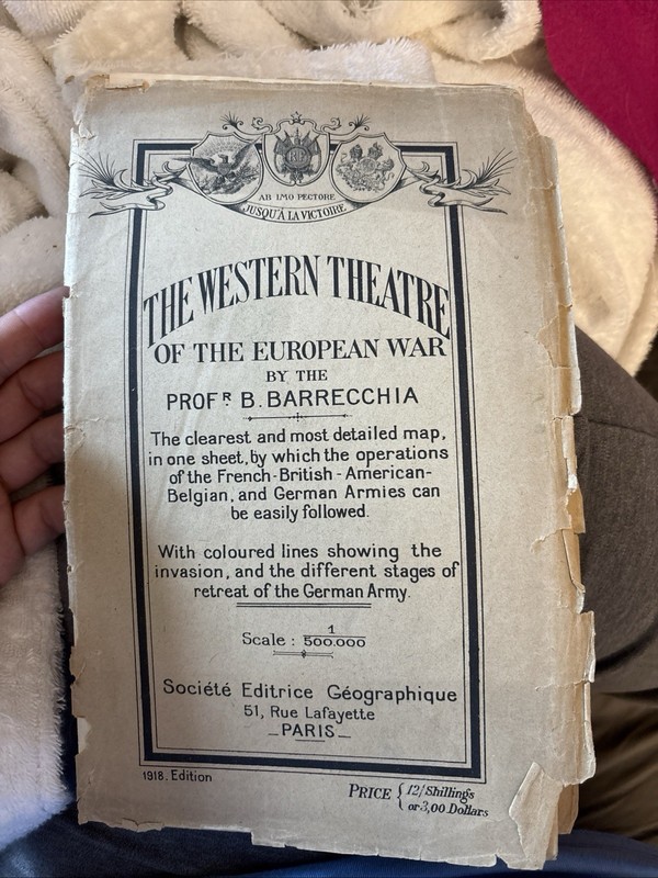 1918 WWI Western Theatre of the European War Map B. Barrecchia Paris Foldout