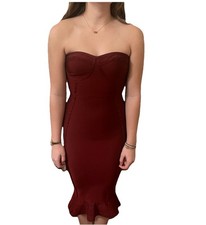 Pretty Little Thing Sz 10 Dark Red Strapless Bandage Frill Hem Dress Holiday