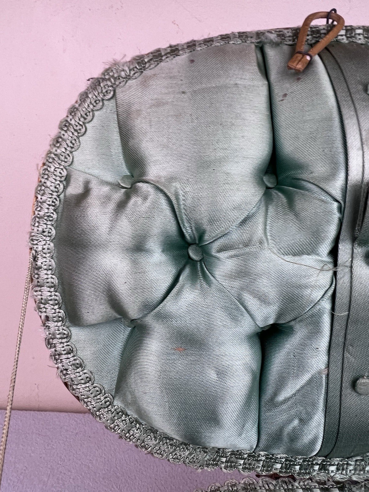 Vintage Sewing Basket Faux Ratan Wicker Sea Foam Green Satin Lining Japan 10.5”