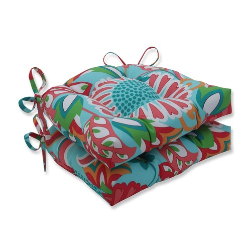 Bright Floral Indoor/Outdoor Chairpad with Ties Reversible, Tufted, Weather, ...