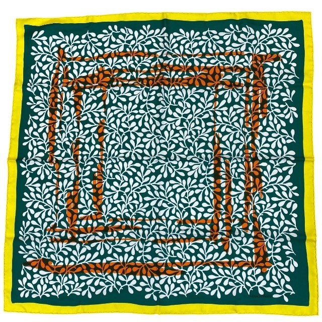Hermes Rameaux Silk Scarf 65 Carre Green Multi Logo All-Over Pattern Accessory