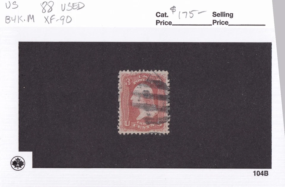 MATT'S STAMPS SCOTT #88 GEORGE WASHINGTON 3-CENT 1867 E-GRILL, USED XF-90 CV$175 - Image 3 of 3