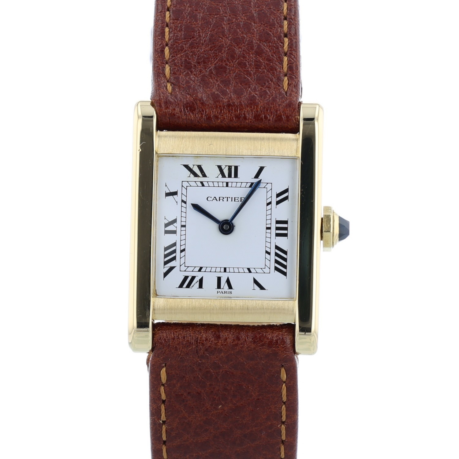 Cartier Tank 78093 White Roman 20 mm Dial Yellow Gold Leather Strap Watch