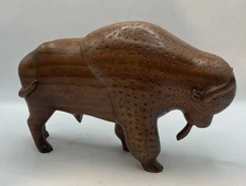 VTG Hand Carved Wood American Bison Buffalo Statue Figurine Western Decor Signed