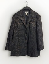 Chico's Jacket Womens 1 Medium Black Bronze Animal Print Pockets Linen Blend