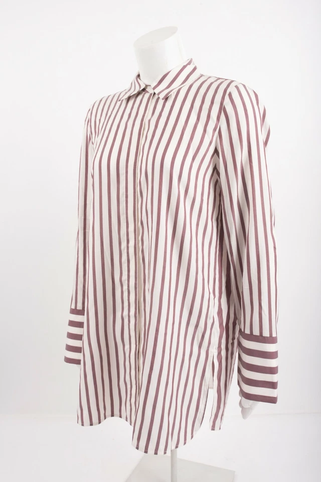 Lafayette 148 New York Womens Striped Blouse Shirt Tunic Sz S Silk Plum White - Image 2 of 4