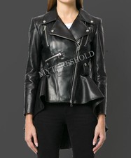 Women's Genuine Lambskin Peplum Waist Designer Biker Real Leather Jacket