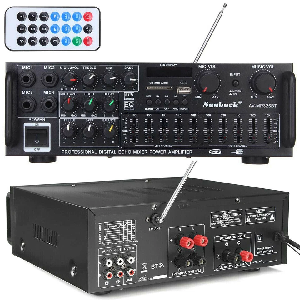 2000W Digital Power Amplifier Bluetooth Stereo HiFi Audio 2CH USB SD FM Remote - Image 2 of 4