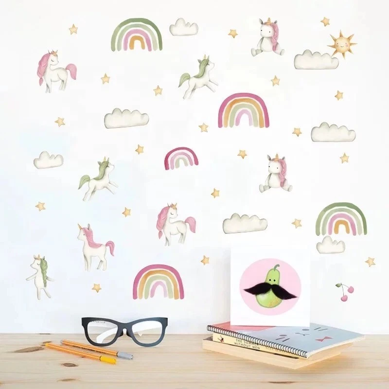 Rainbow Unicorn Clouds Stars Wall Stickers Decals Removable Nursery Kids Room - image 2 of 3