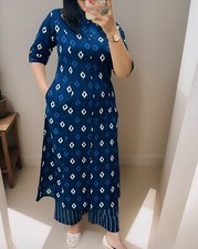 Indigo Blue Color Ethnic Wear Soft Cotton Co ord Set Stylish 2 Piece Kurti Pant