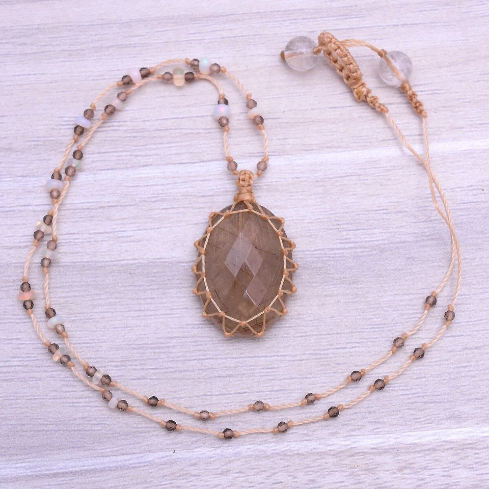 Natürlich Rutil Quarz Top Qualität Checker Schliff Makramee Perlen Handgemacht - Bild 3 von 4