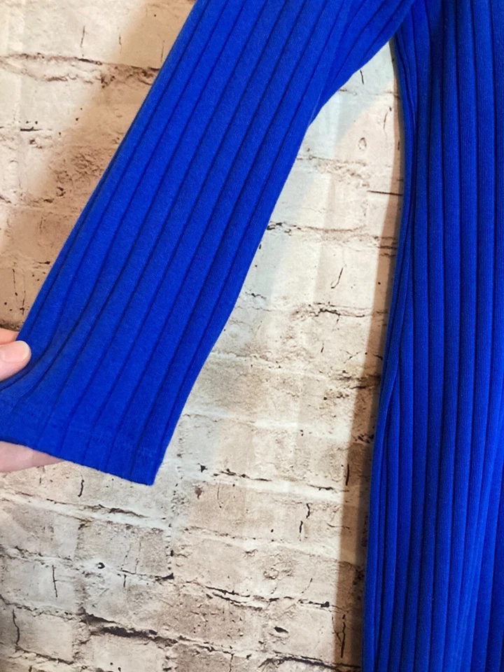 Antiguo Vestido Suéter Azul Marino Para Mujer XL Brillante Cobalto Acanalado Popover Tejido Elástico Largo Foto 3 de 4