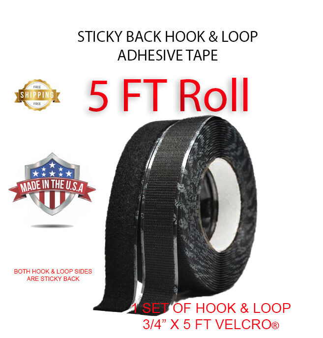 Sticky Back Hook & Loop Tape Self Adhesive | 5 FT | Can Attach to Velcro | Black