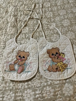 Vintage Hand Embroidered Baby Bibs Set of 2 Quilted Teddy Bear Cross Stitch