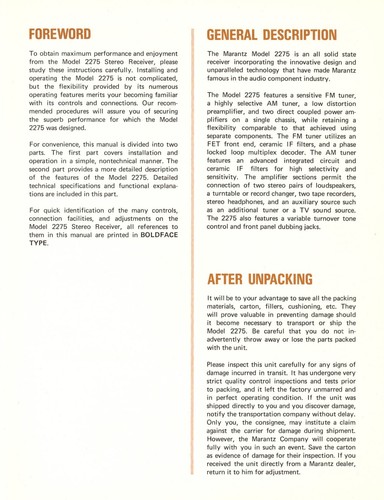 MARANTZ 2275 Stereophonic Receiver Instruction Manual - WIRE BOUND- TOUGH COVERS - Picture 3 of 9