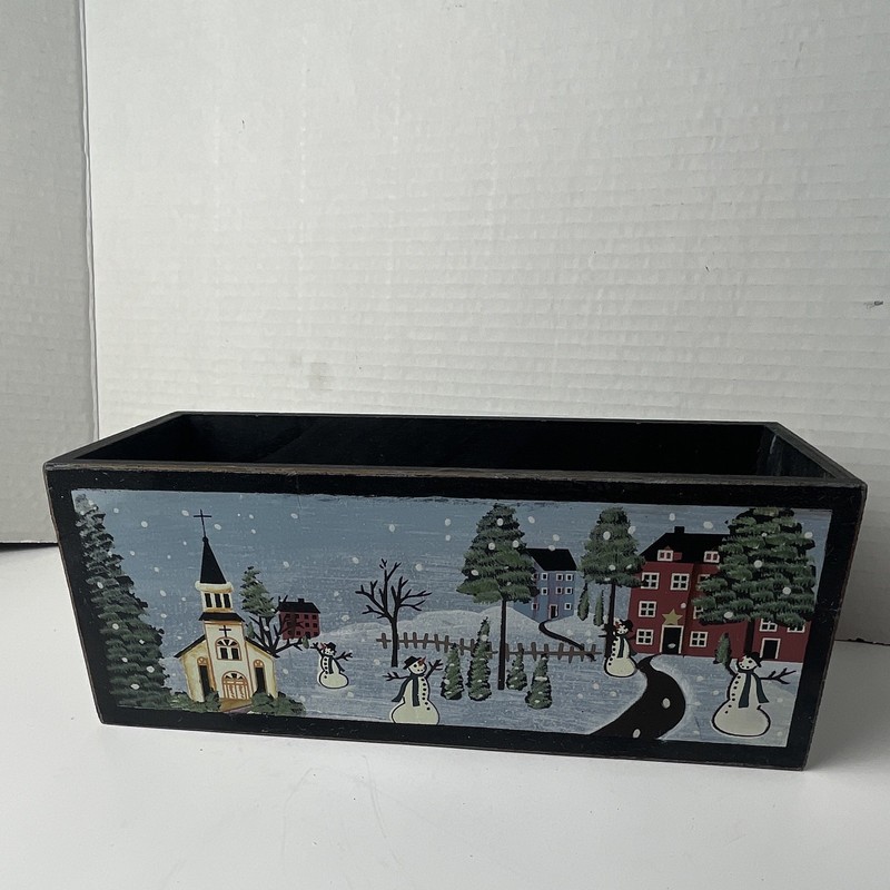 Large Wood Rectangular Black Window Box Planter Hand-Painted Snowman Village