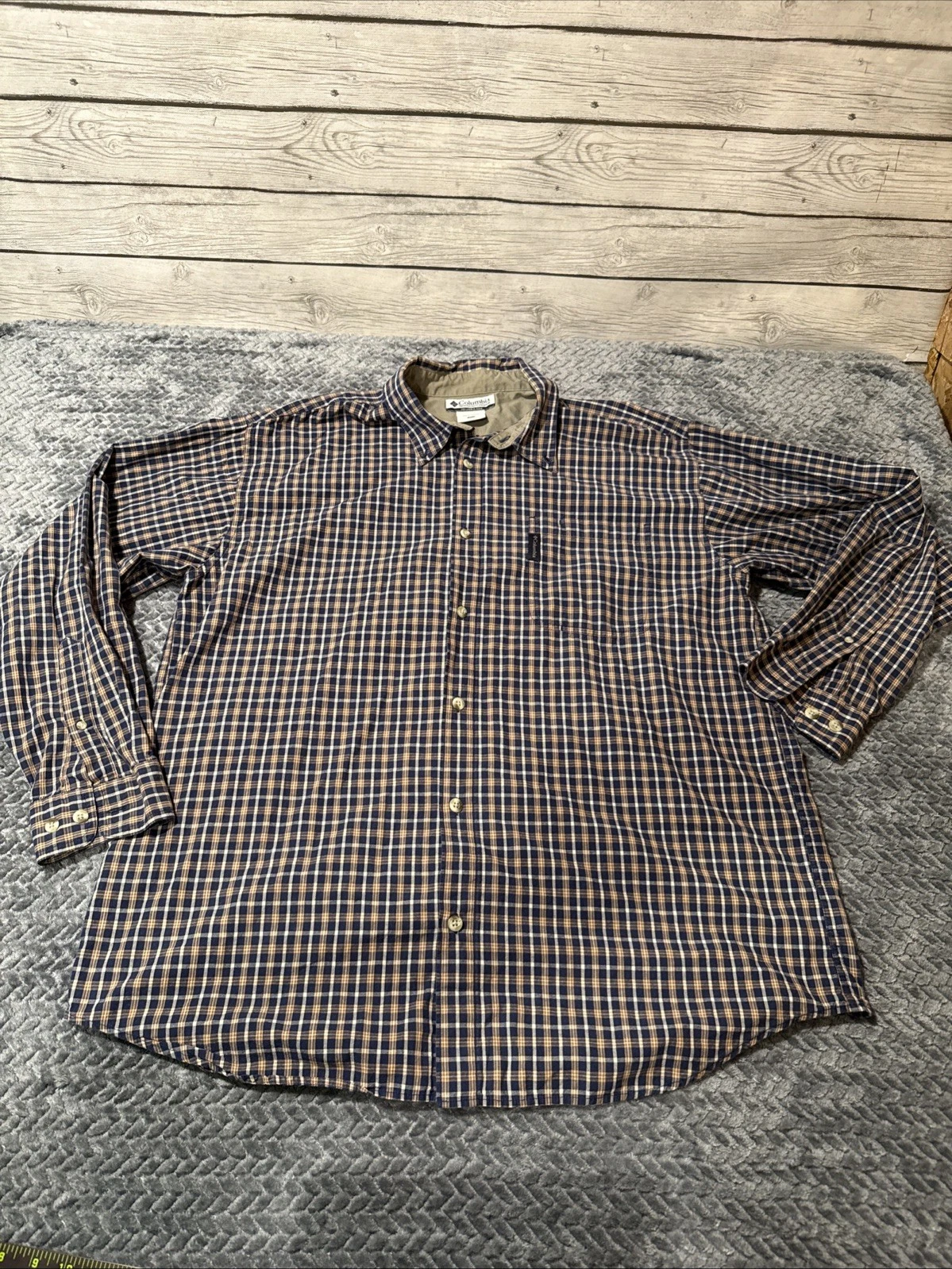 Columbia Shirt Mens XL Blue Gray Tan Check Hunting Cotton Button-Down
