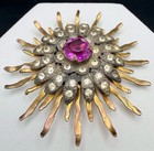 Vintage Starburst Brooch Gold Tone / Silver Tone Rhinestones Purple Lucite 2.25” — photo 2