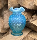 Vintage Blue Opalescent Hobnail Mini Bud Vase 3.75 Fenton Style Unmarked Glass