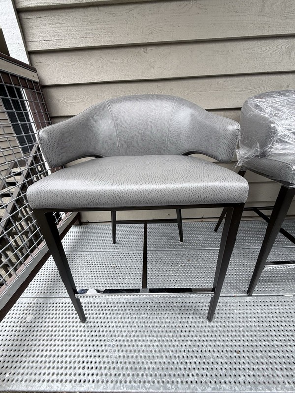 Set of 3 Gray Upholstered Bar Stools w/ Backrest, Black Metal Frame Modern