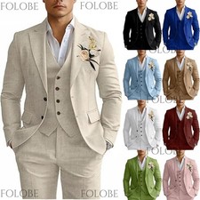 Linen Mens Suits 3 Piece Slim Fit Tuxedo Suit for Men Beach Wedding Formal Coat