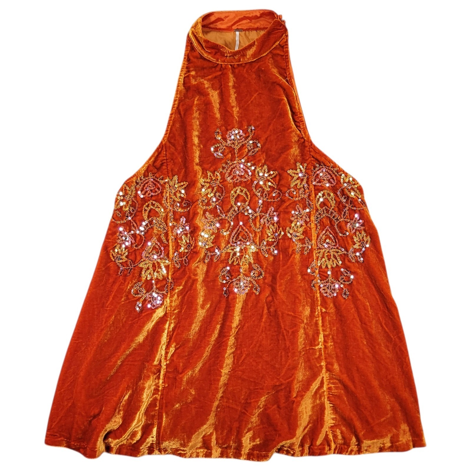Free People Jills Sequin Swing Dress Womens M Orange Velvet Halter Boho Mini